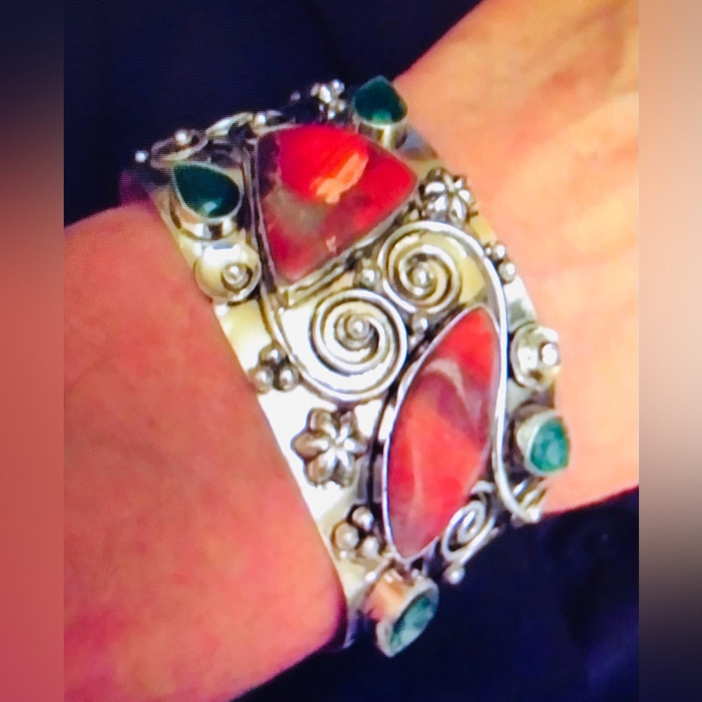 Snake Skin Jasper Chrome Diopside Stamped 925 Sterling Silver Cuff Bracelet